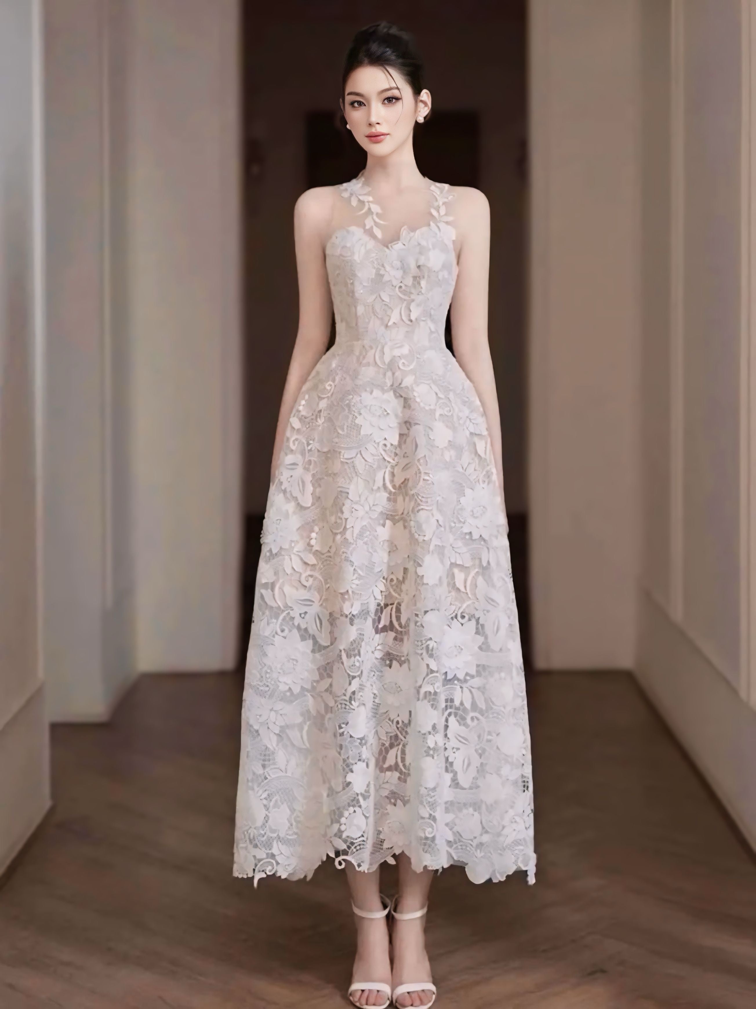 フラワーレースミディドレス［m043］