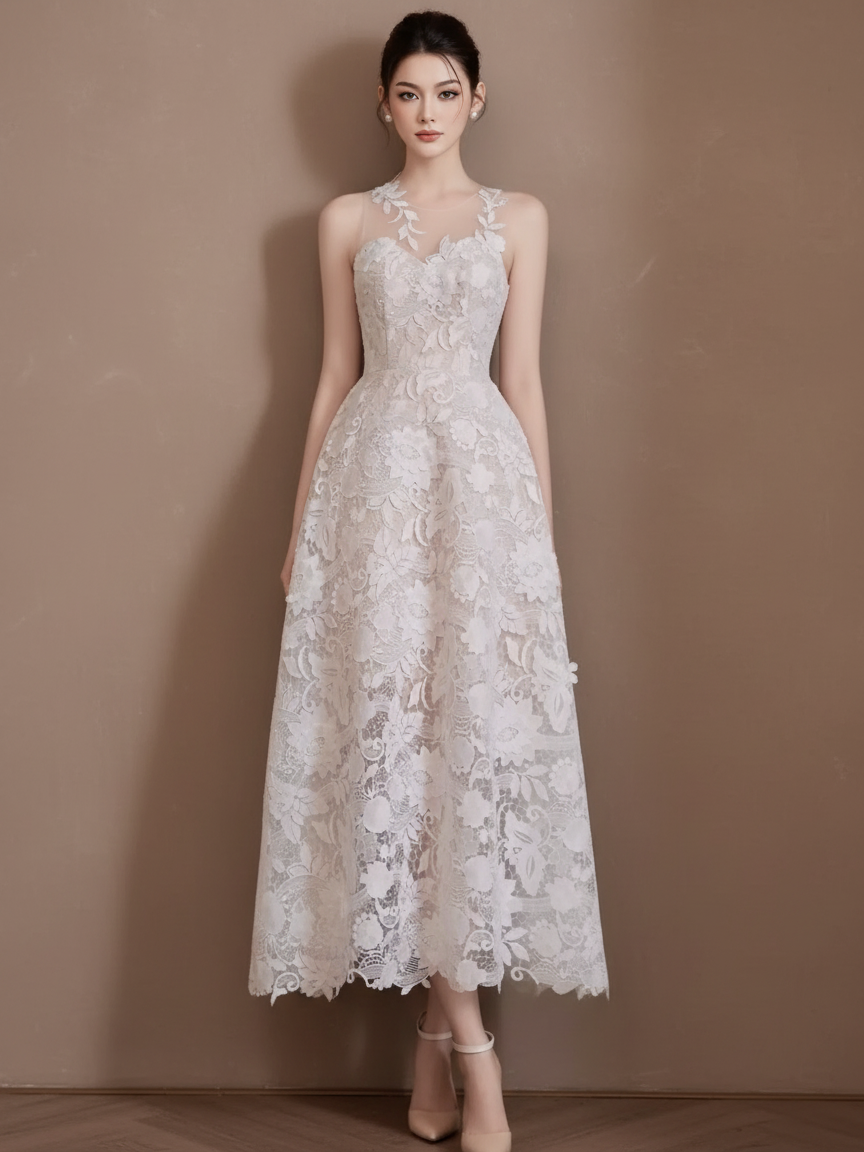 フラワーレースミディドレス［m043］