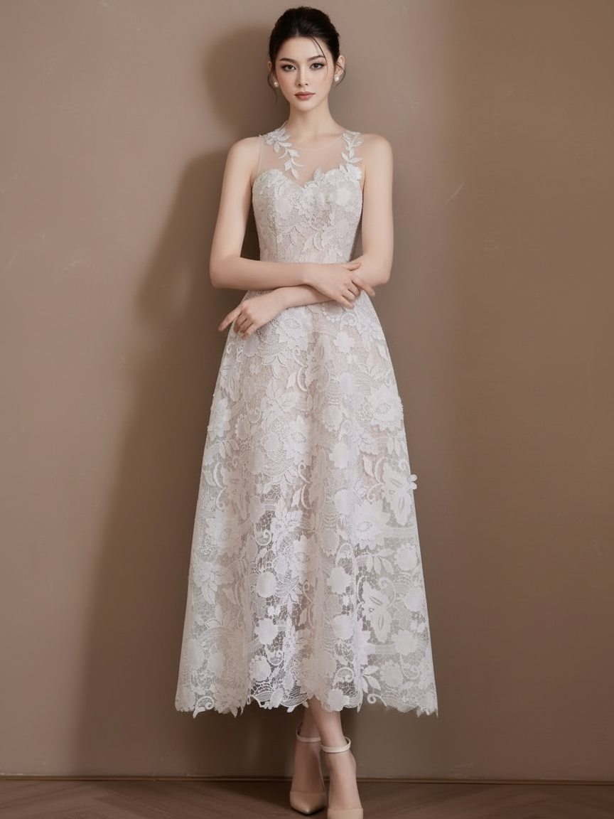 フラワーレースミディドレス［m043］