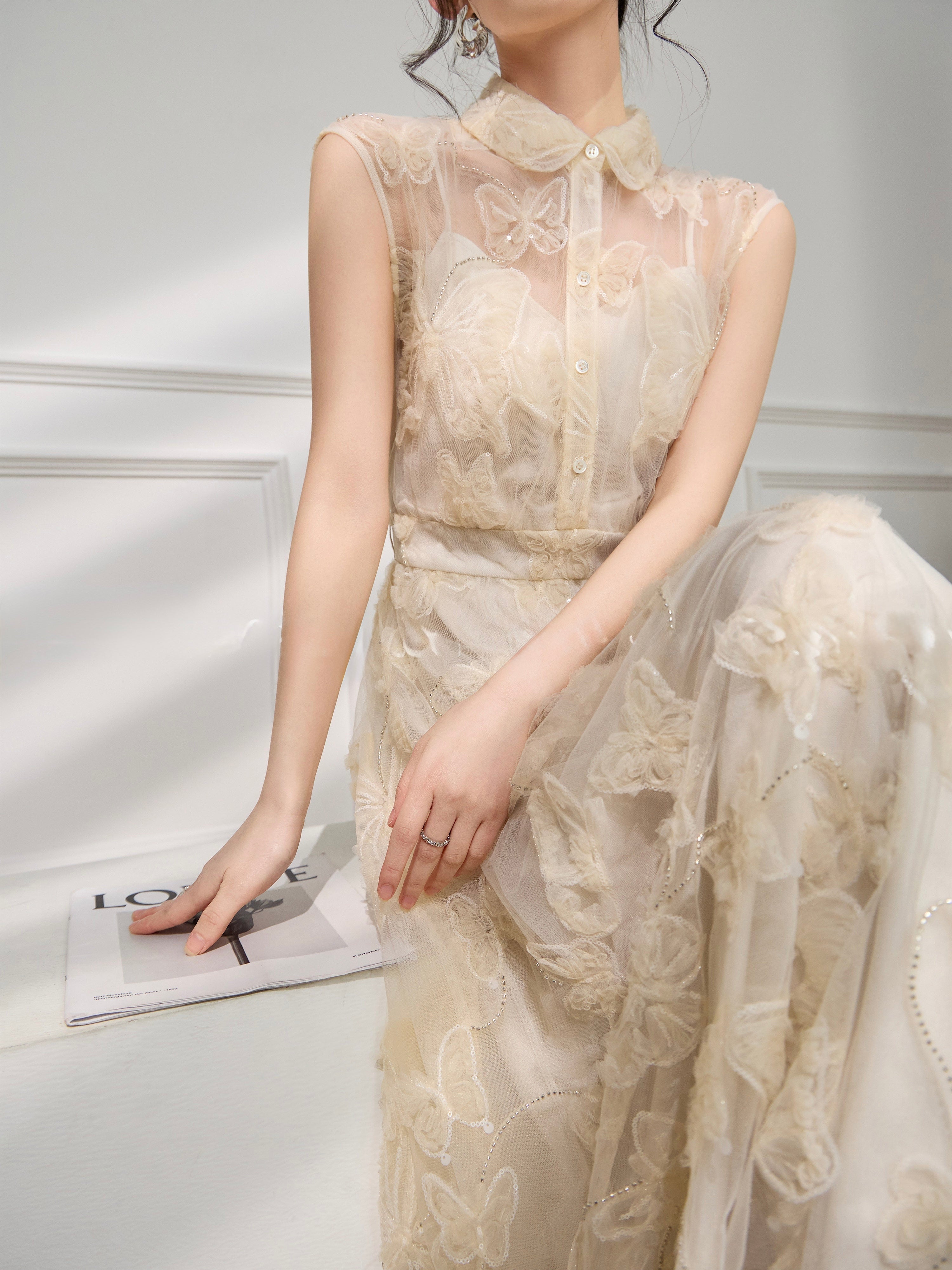 フラワーエンブロイダリー・シアーフレアロングドレス[m252]