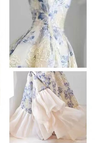 ブルーフラワージャガード・ラッフルヘムロングドレス[m270]