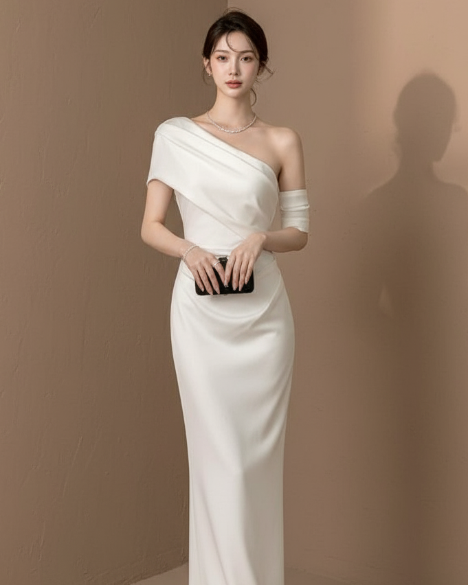 オフショルダーシアースリーブ・タイトミディドレス［m205］