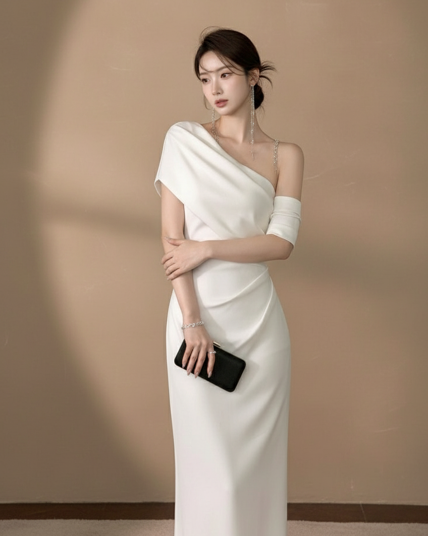 オフショルダーシアースリーブ・タイトミディドレス［m205］