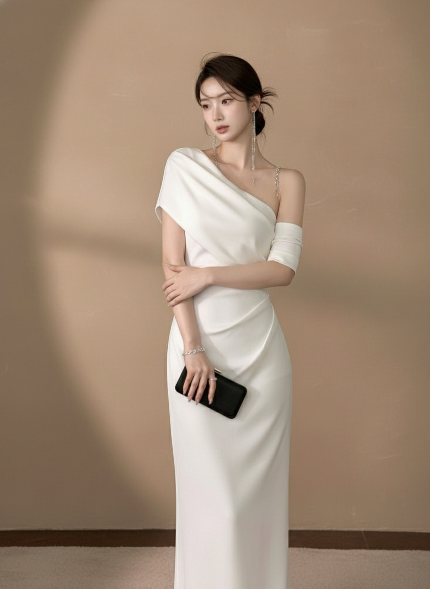 オフショルダーシアースリーブ・タイトミディドレス［m205］