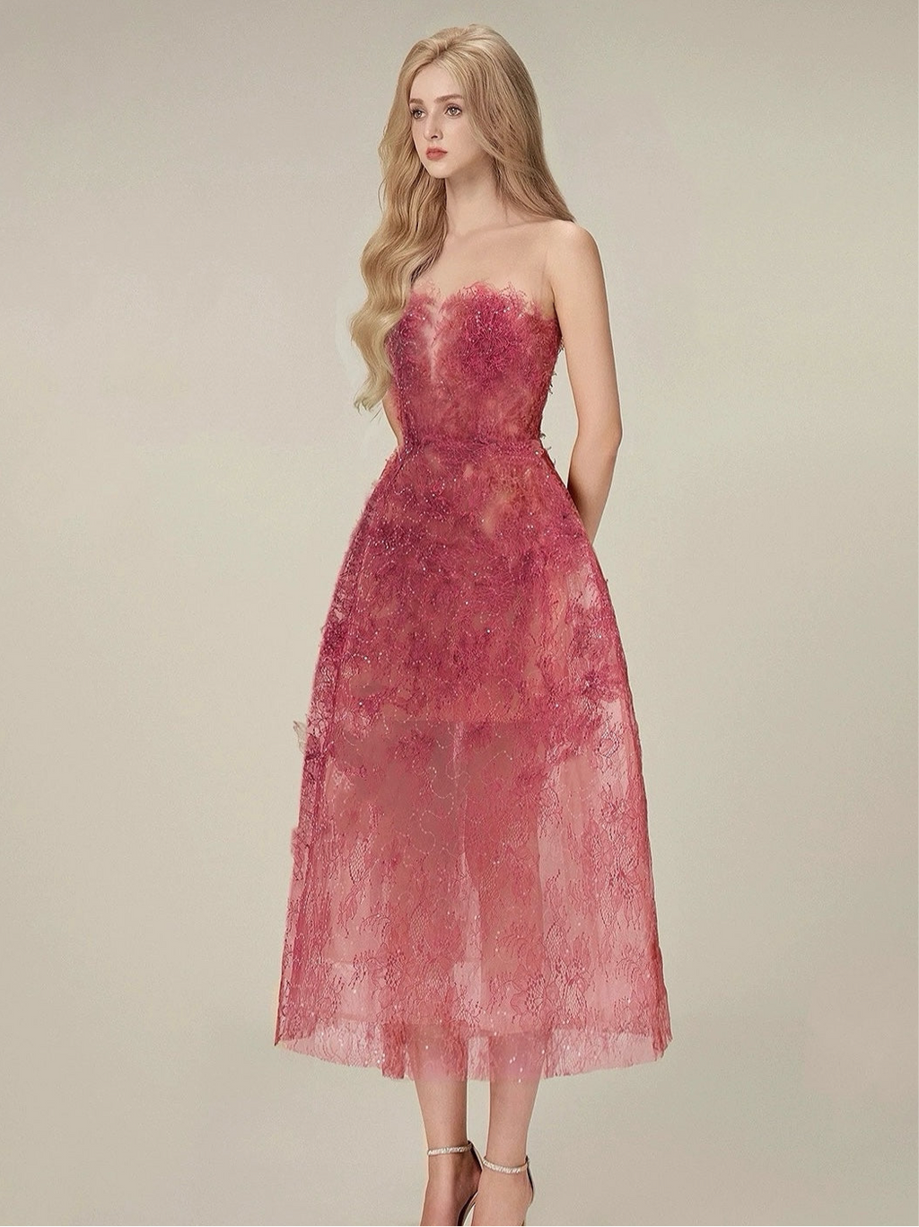 シアーレースビスチェロングドレス［m039］