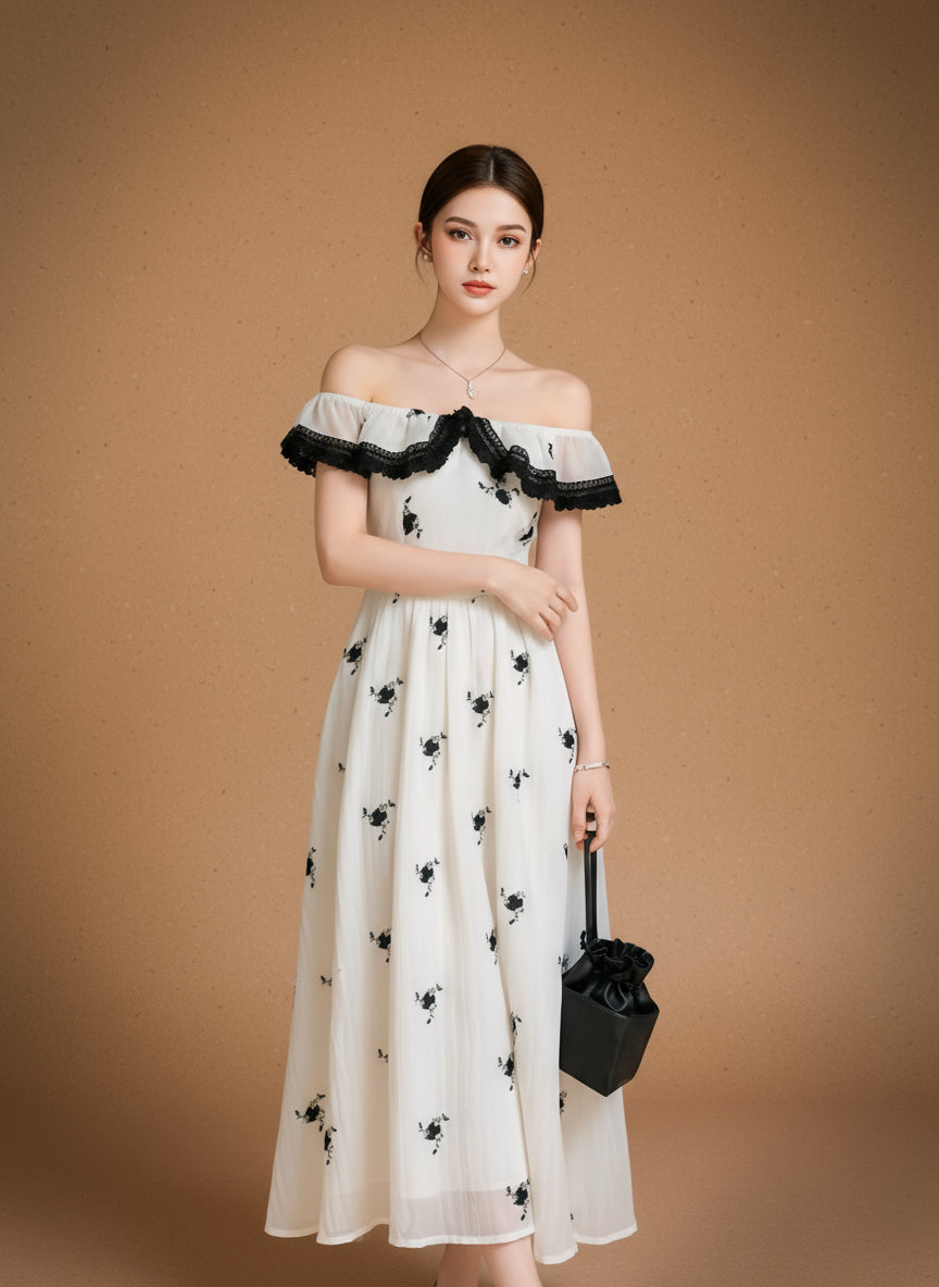 フリルネックチュール刺繍ワンピース［m178］