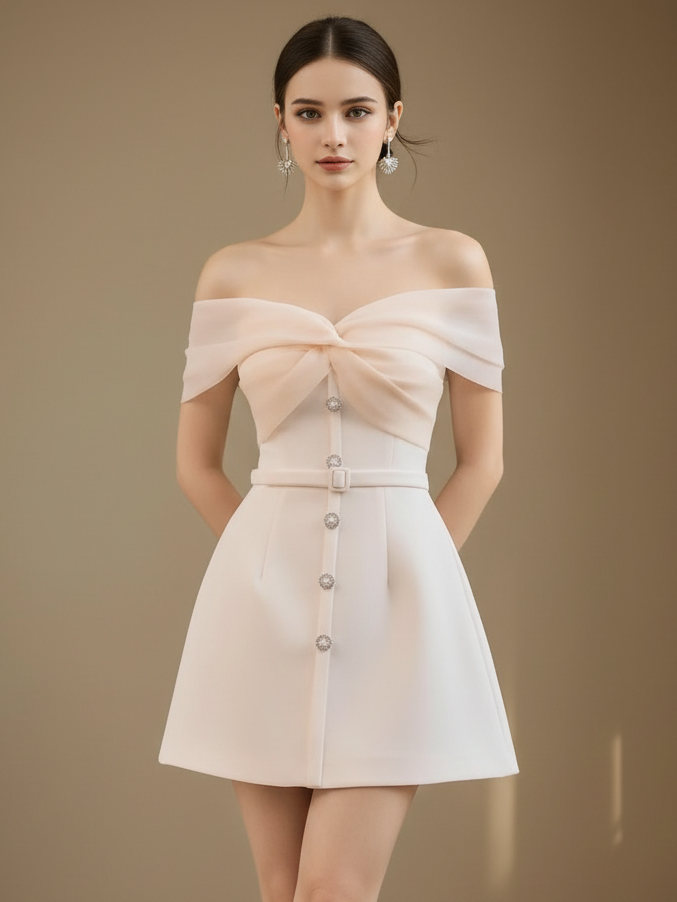 チュールリボンオフショルダーミニドレス［m110］