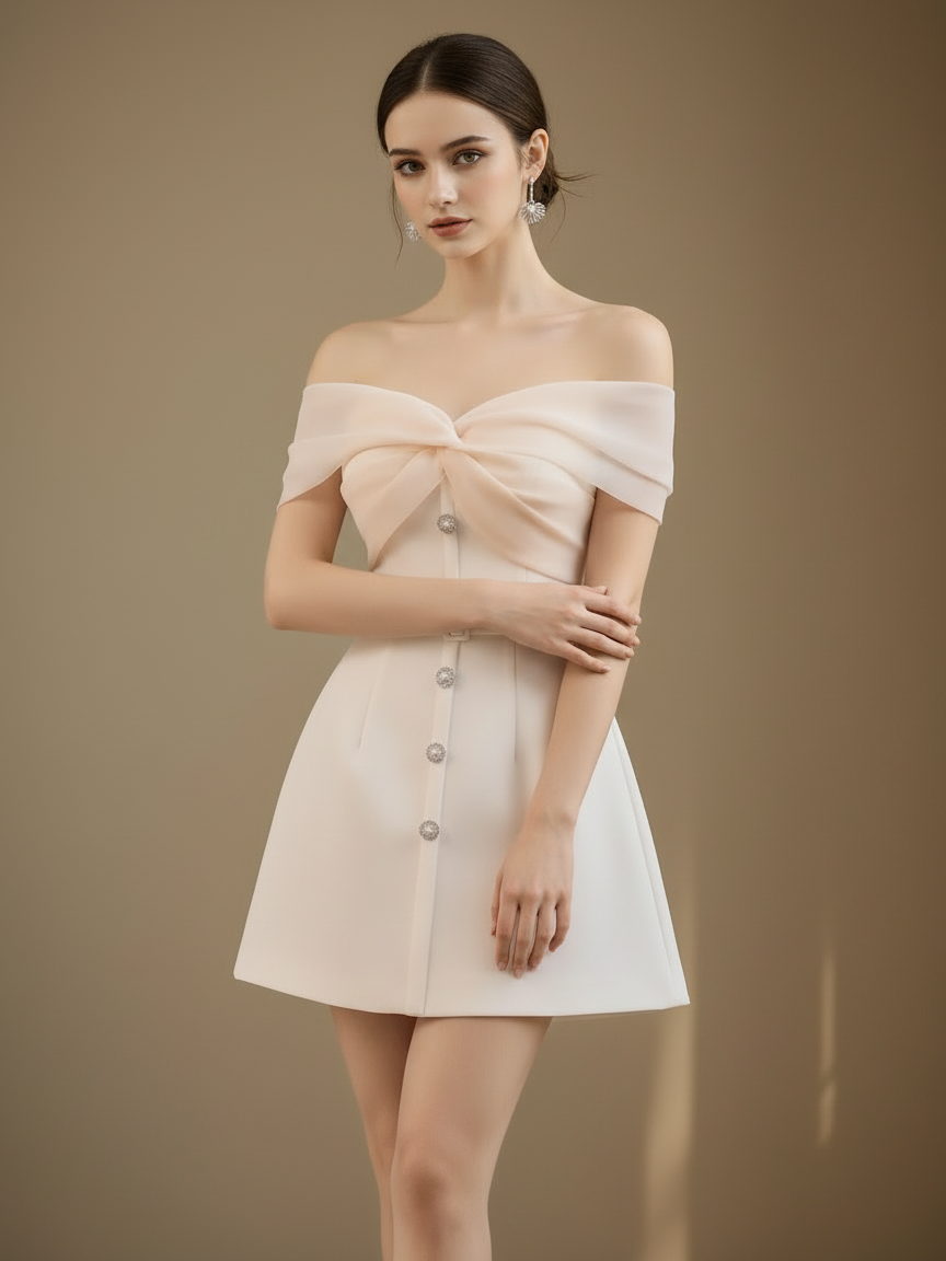 チュールリボンオフショルダーミニドレス［m110］