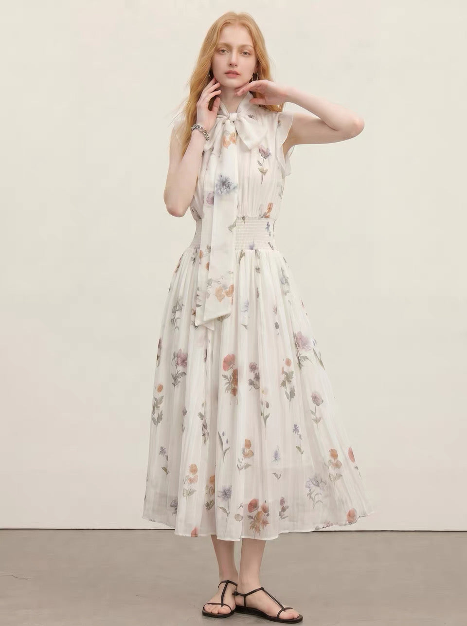 ボタニカルシフォン・スモッキングロングドレス[m275]