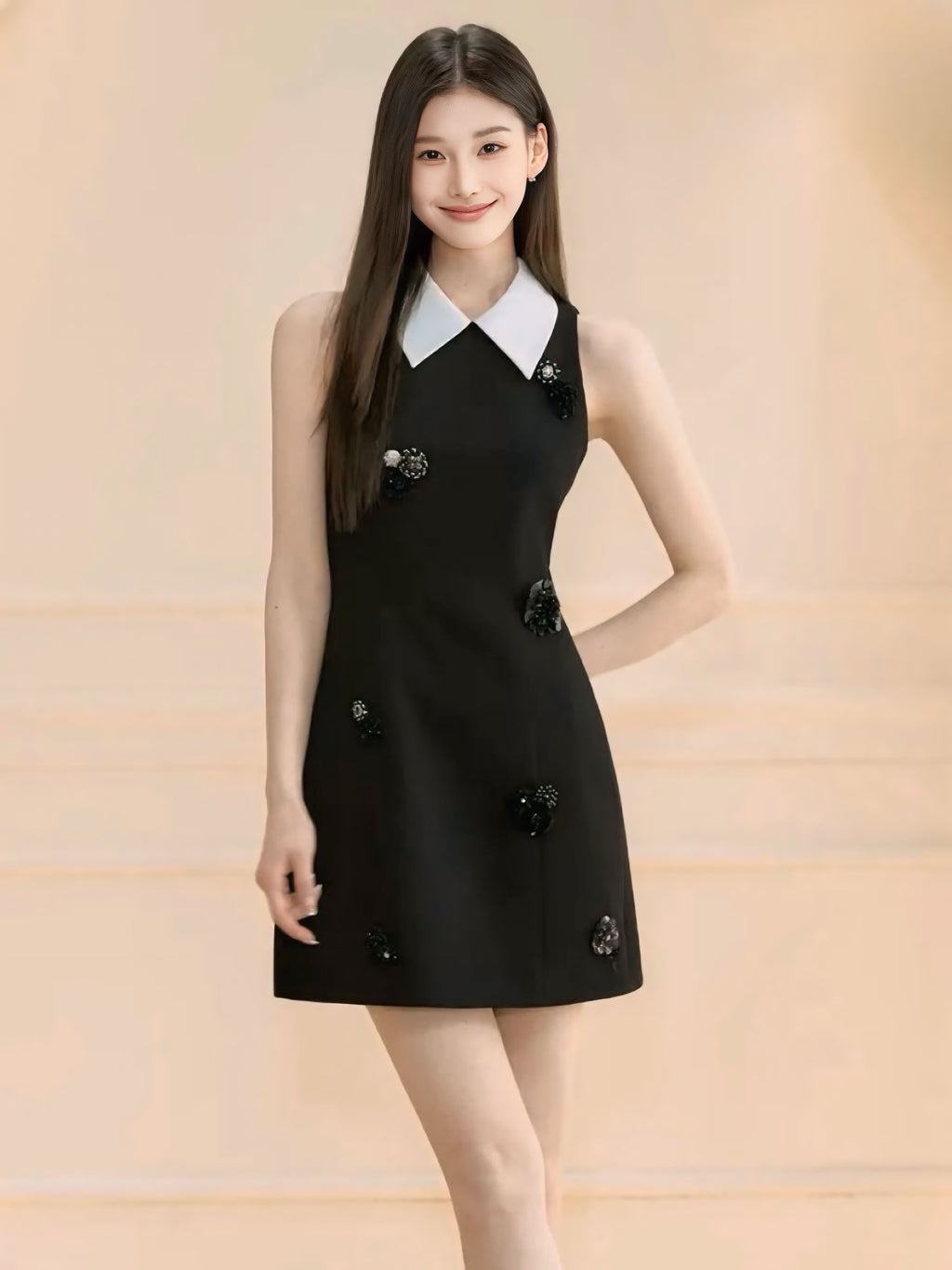 ビジューフラワーノースリーブドレス［m158］