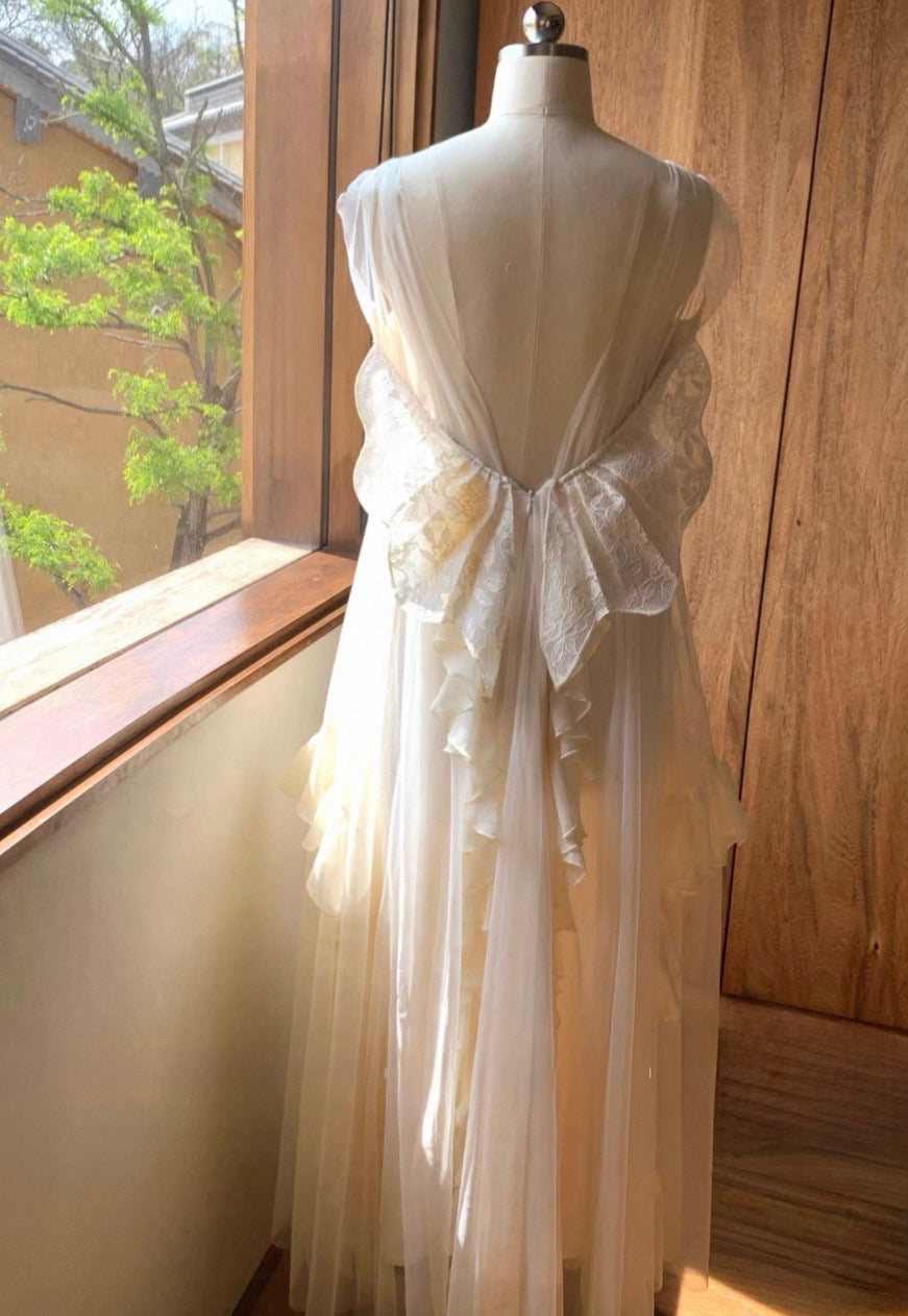 バックリボンフリルシフォンロングドレス[m285]