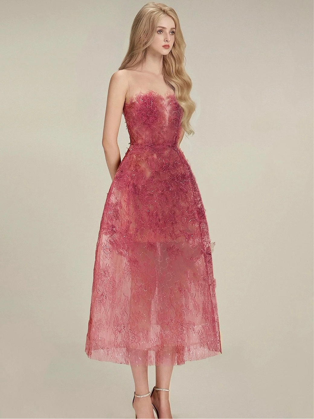 シアーレースビスチェロングドレス［m039］