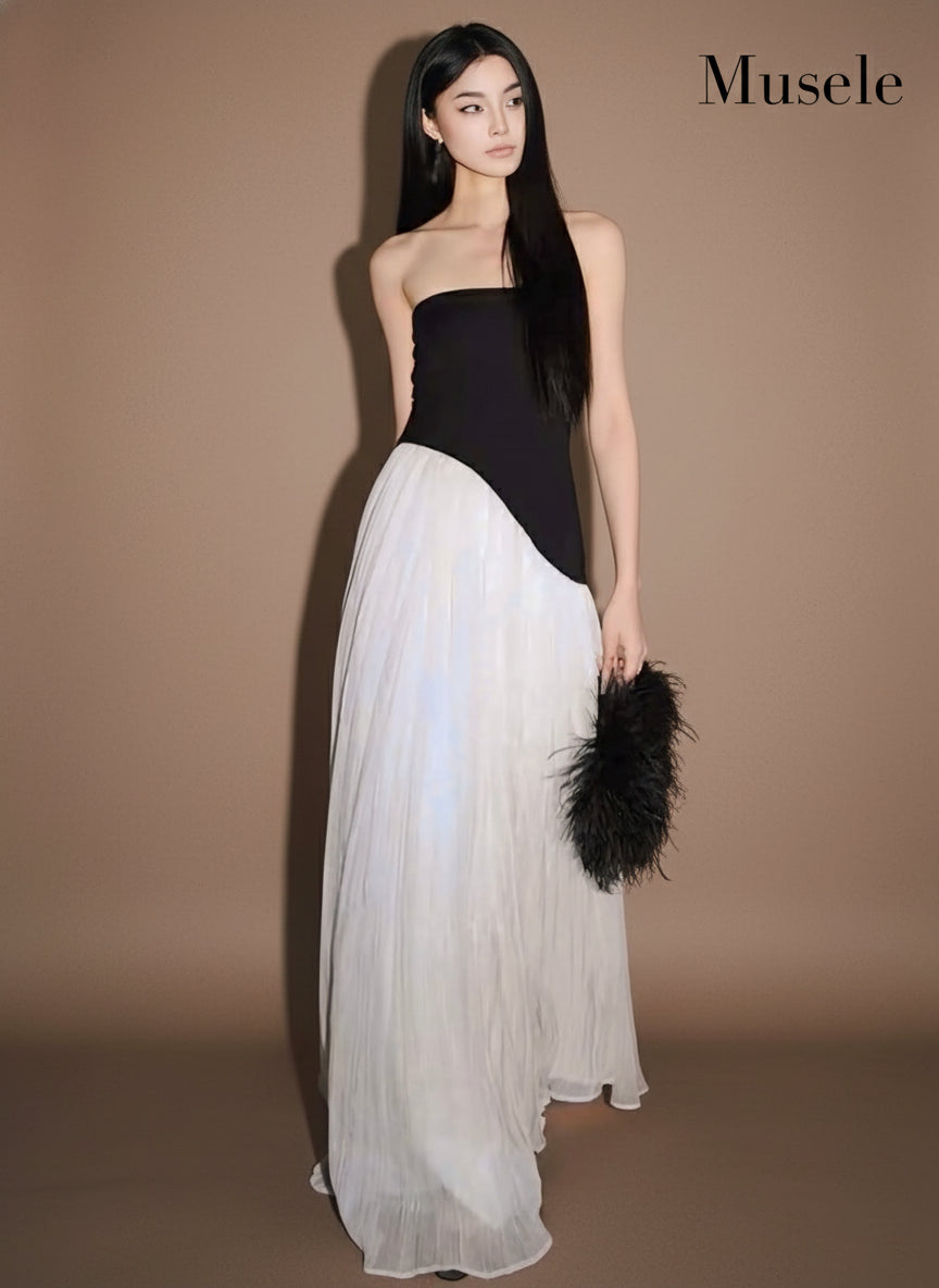 アシンメトリーチュールドッキングロングドレス［m143］