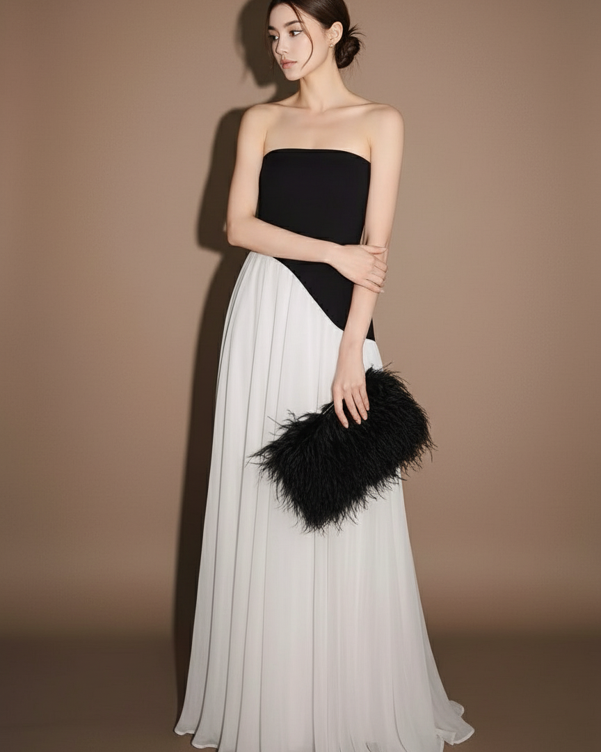 アシンメトリーチュールドッキングロングドレス［m143］