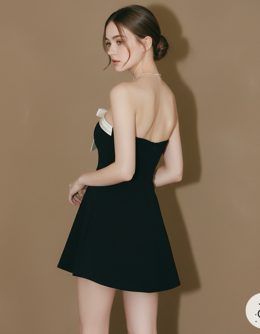 バイカラー・ストラップレスフレアミニドレス[m219]