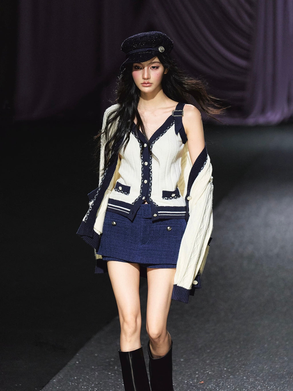 ツイードライク・バイカラーニットカーディガン[m206]