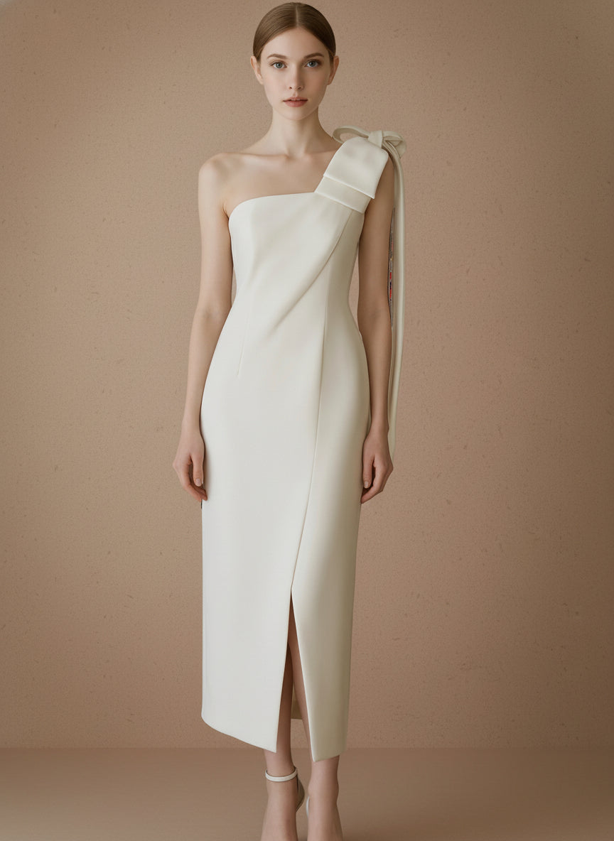 ワンショルダーボウスリットロングドレス［m115］