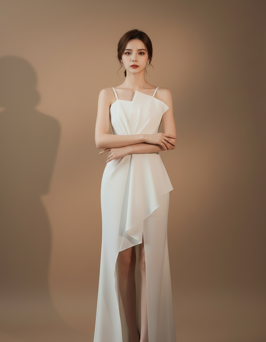 アシンメトリータック・スリットロングドレス[m215]