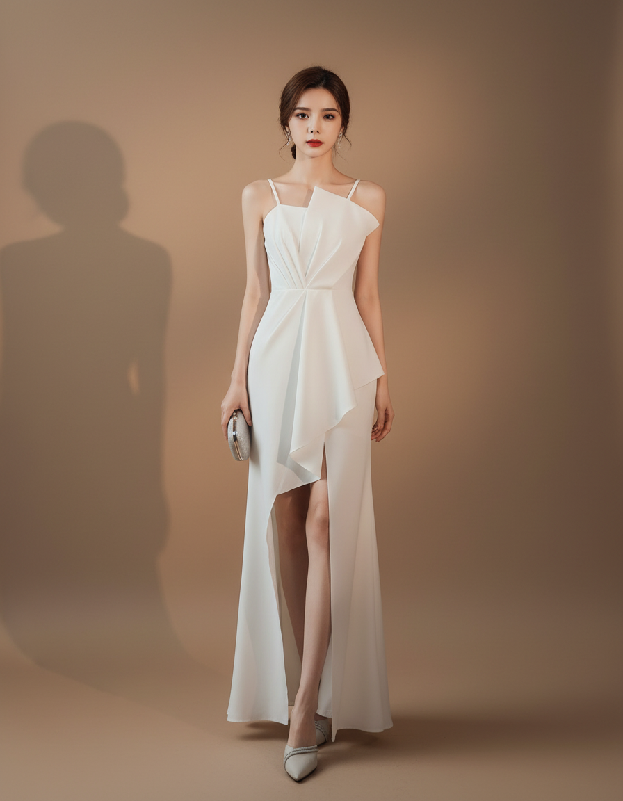 アシンメトリータック・スリットロングドレス[m215]