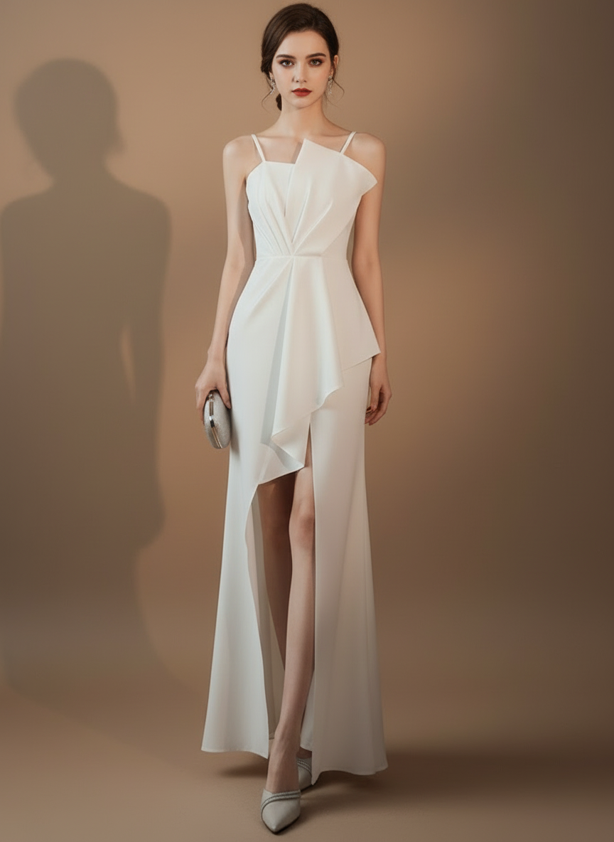 アシンメトリータック・スリットロングドレス[m215]