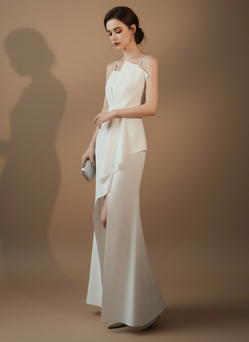 アシンメトリータック・スリットロングドレス[m215]