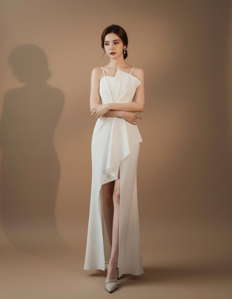 アシンメトリータック・スリットロングドレス[m215]