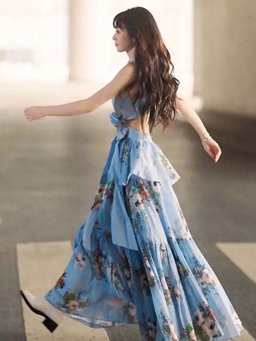 フローラルリボンカットロングワンピース［m173］