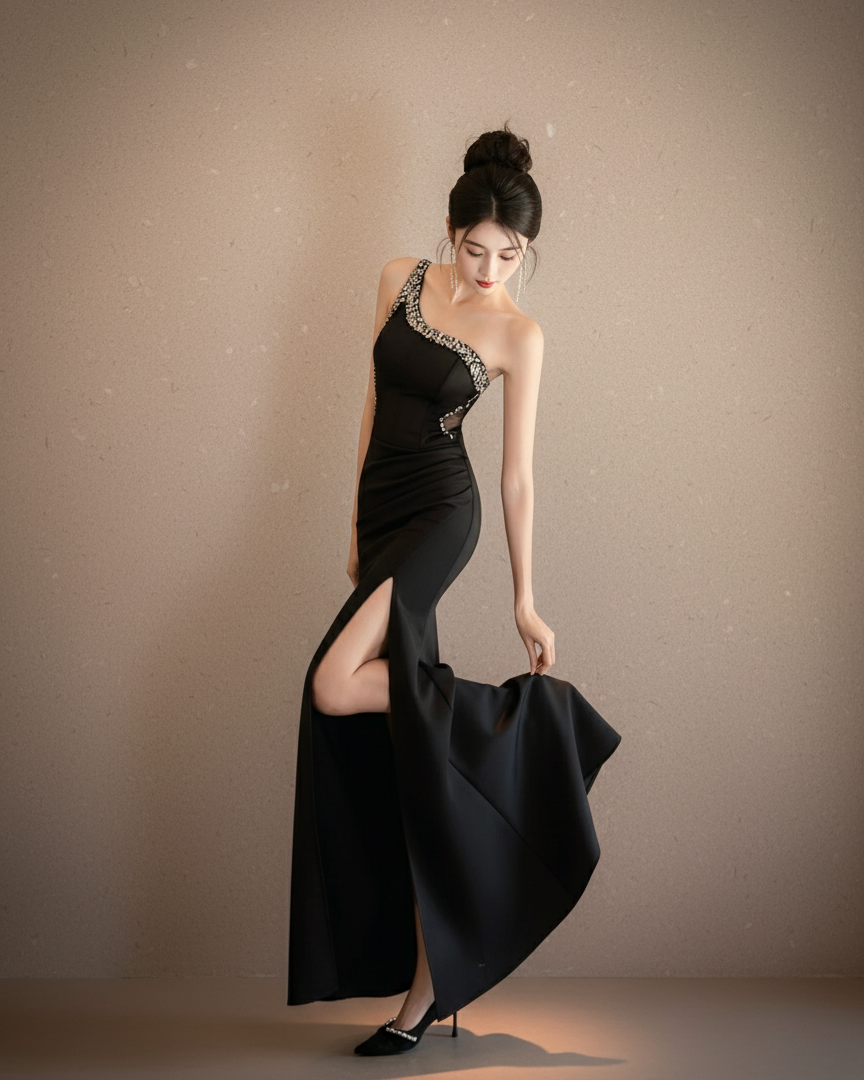 ビジューアシンメトリー・スリットロングドレス[m207]