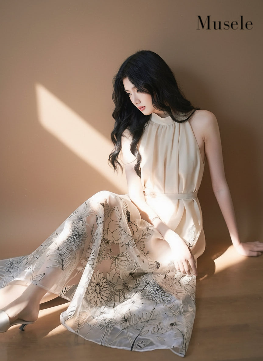 フローラルシアーハイネックロングドレス［m195］