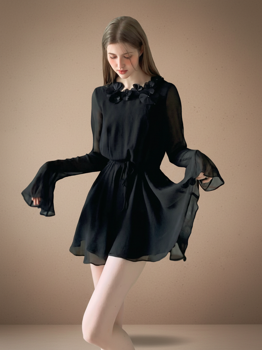 フラワーモチーフ・シフォンミニワンピース[m217]