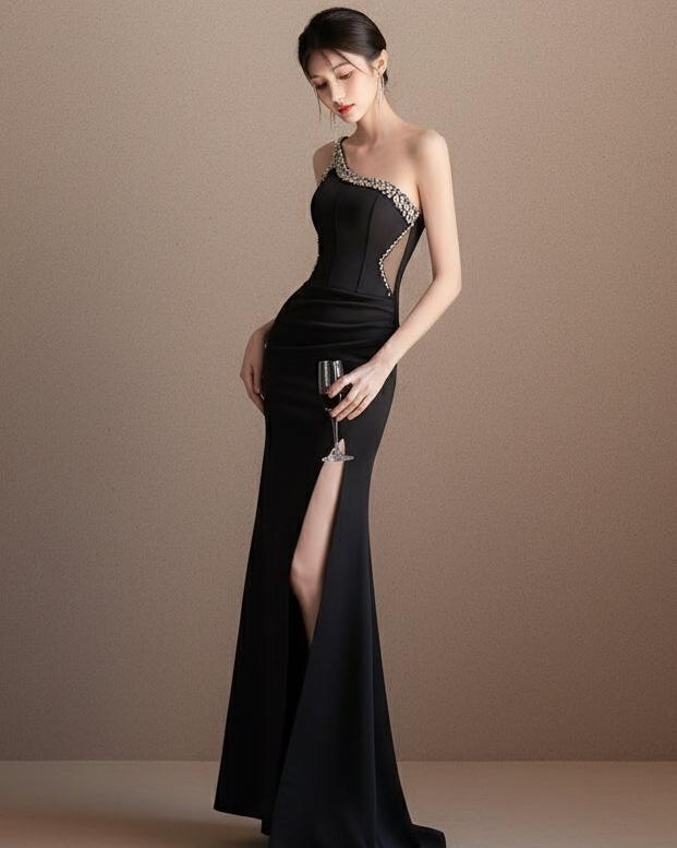 ビジューアシンメトリー・スリットロングドレス[m207]