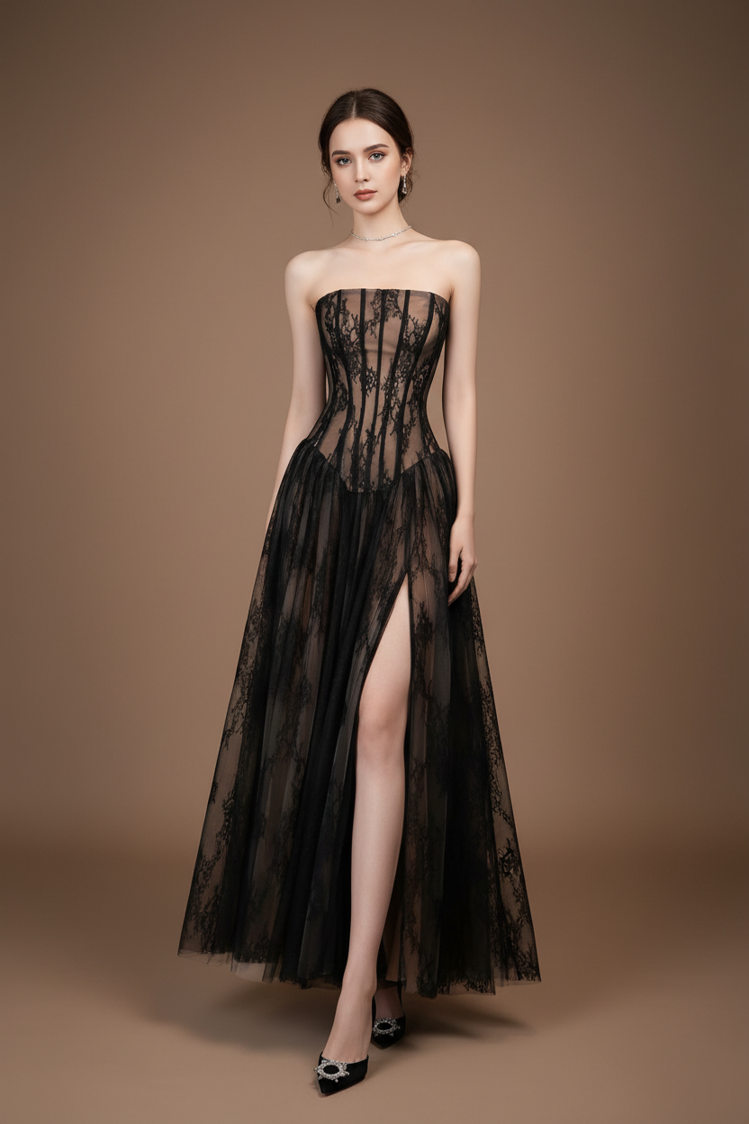 ストラップレス・レースロングドレス[m240]