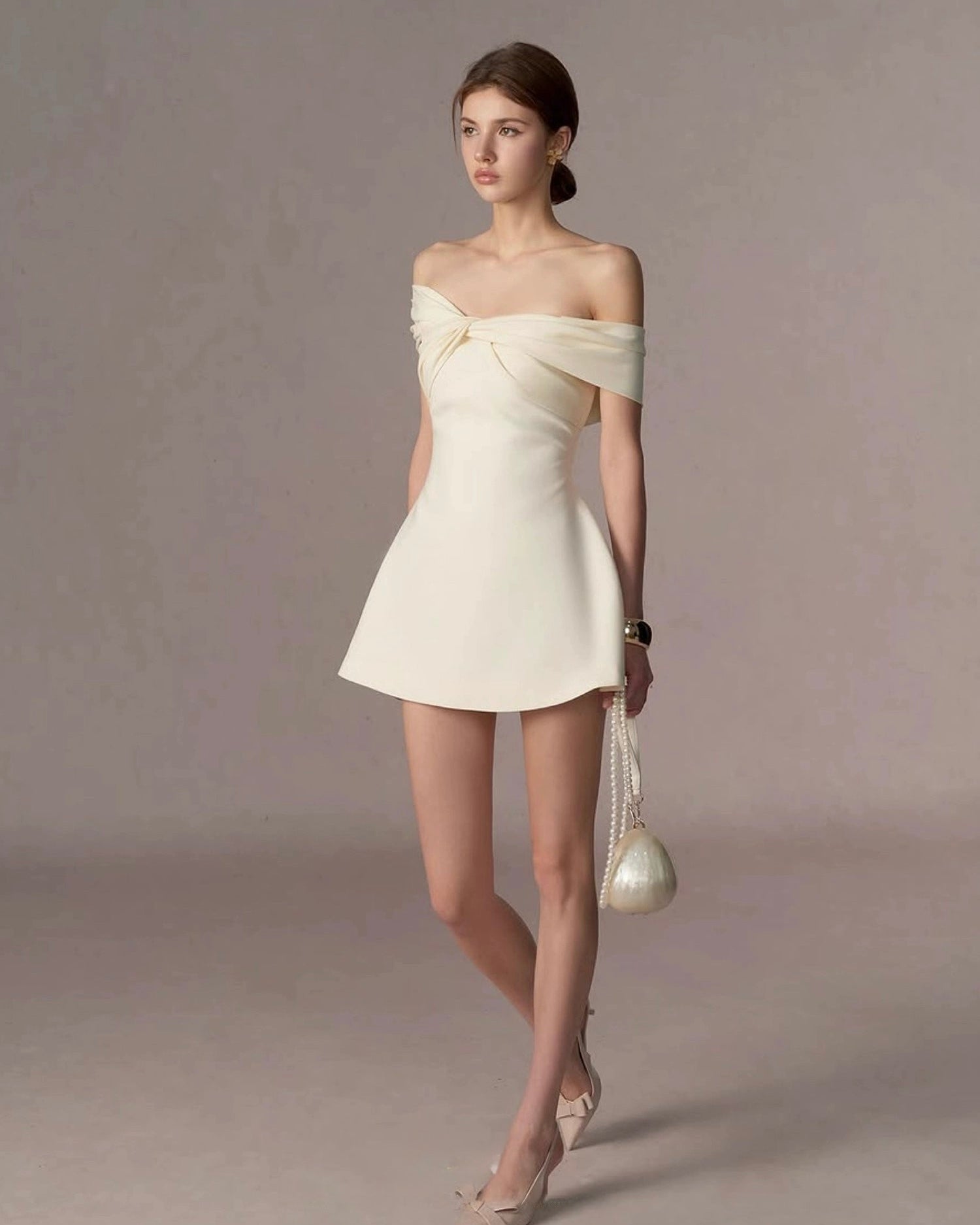 オフショルダーリボン・フレアミニドレス[m216]