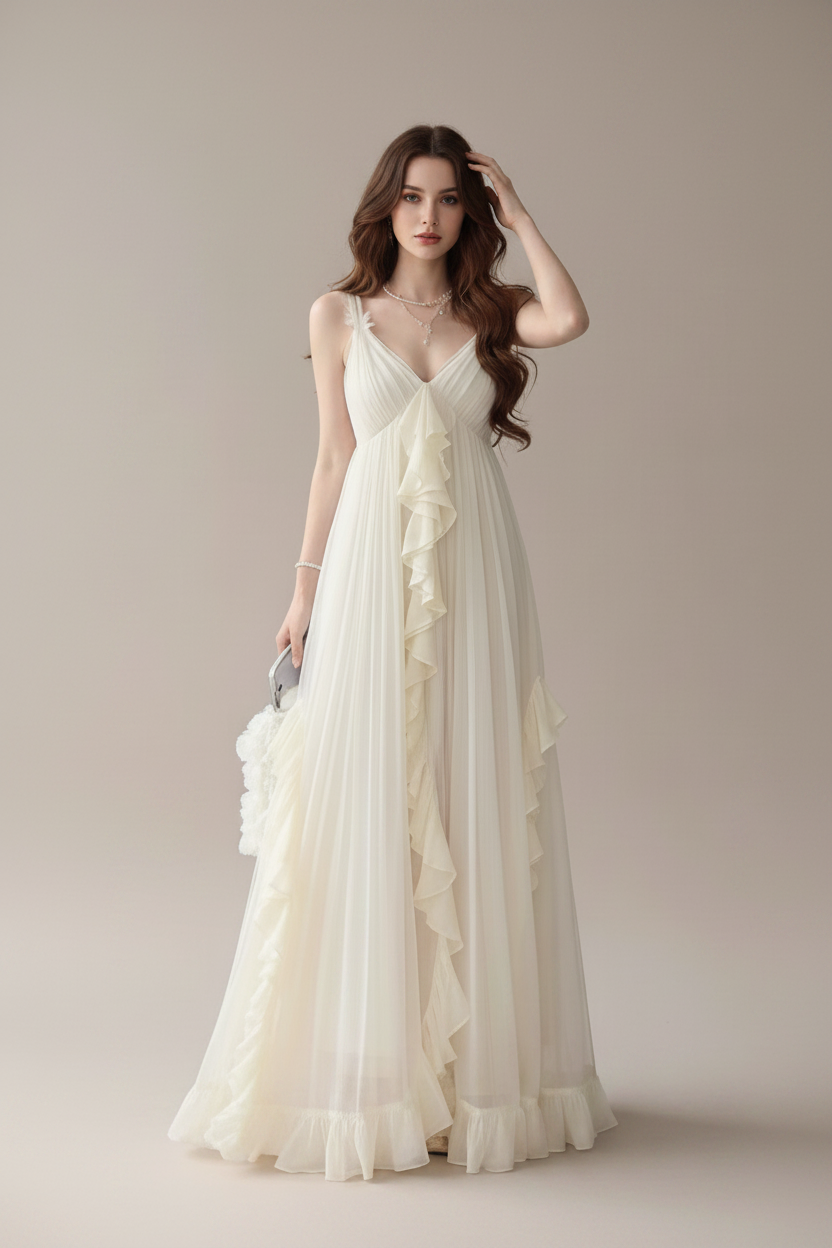 バックリボンフリルシフォンロングドレス[m285]