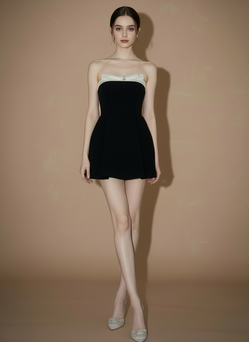 バイカラー・ストラップレスフレアミニドレス[m219]