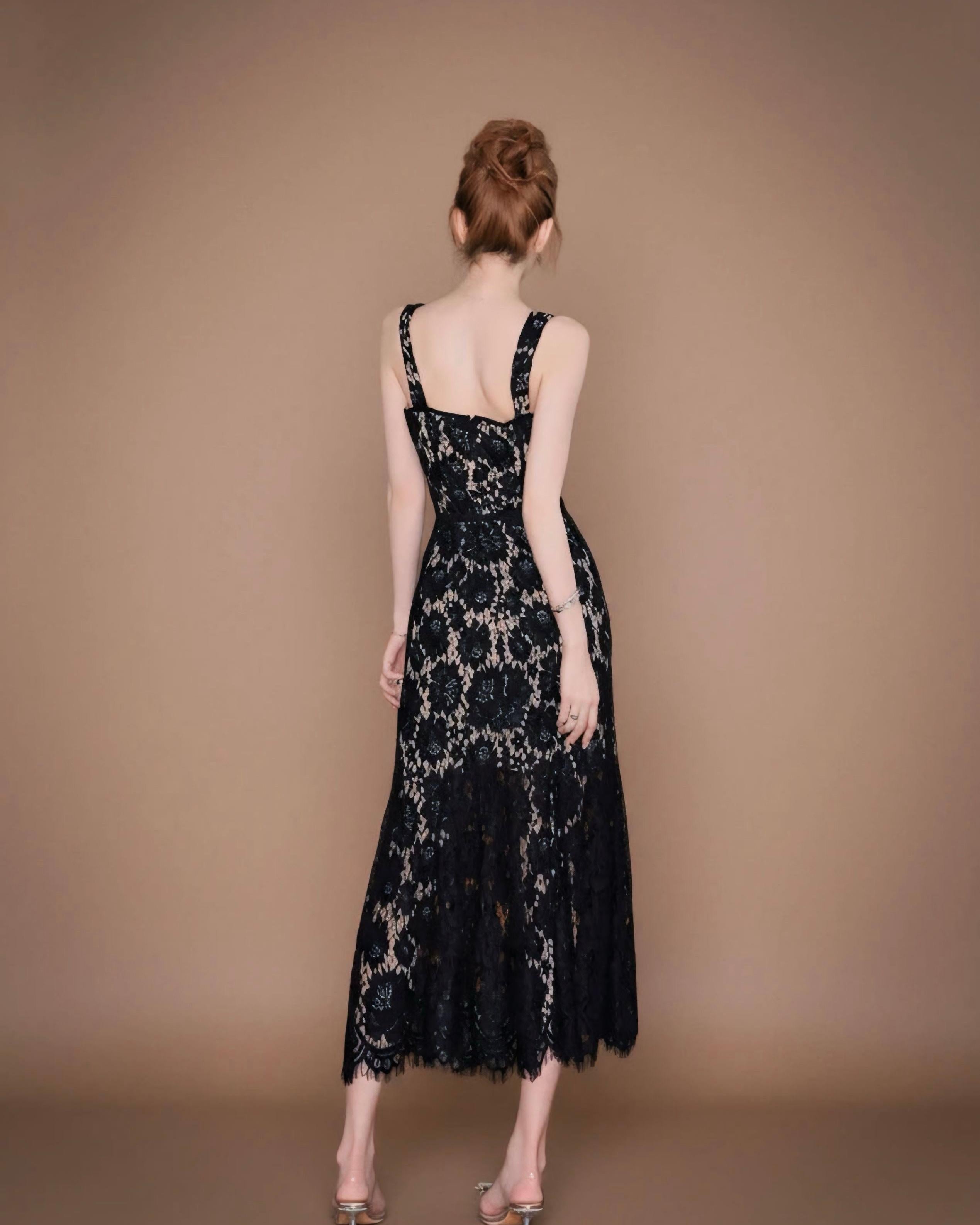 レースアップシアーブラックロングドレス［m199］