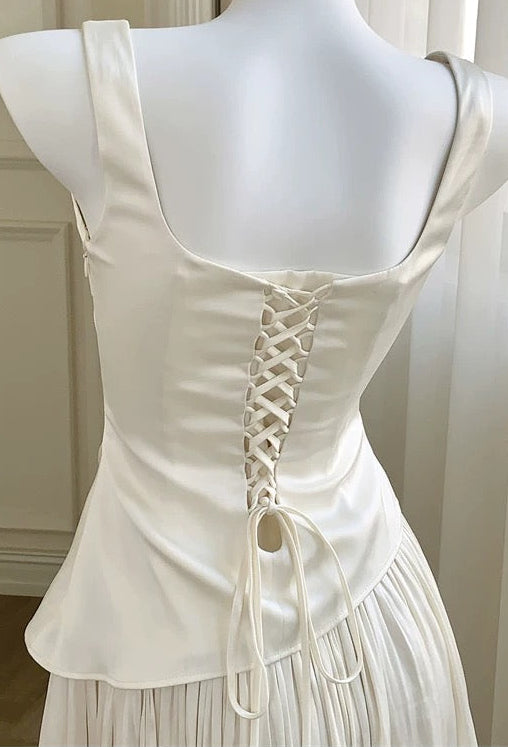 レースアップサテンプリーツロングドレス[m287]
