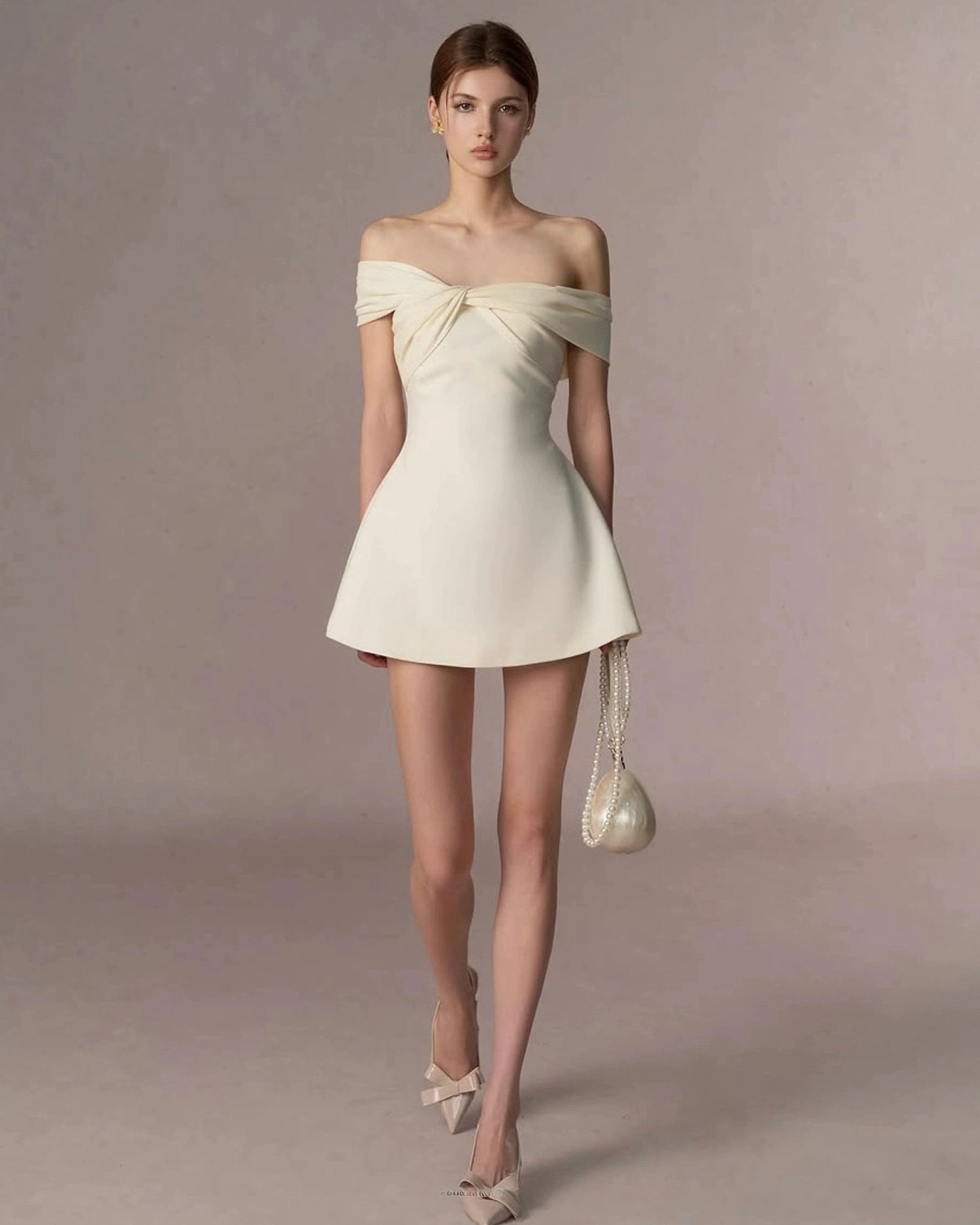 オフショルダーリボン・フレアミニドレス[m216]