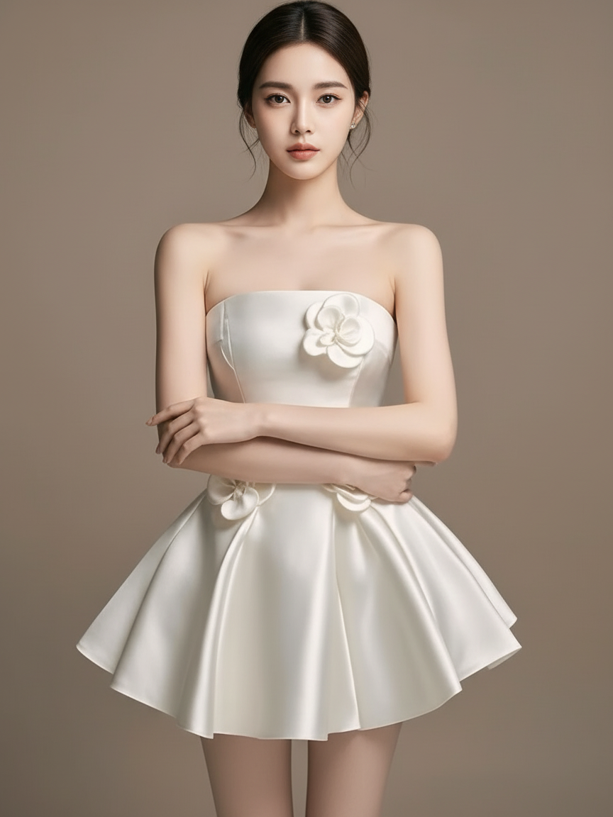 3Dフラワーサテンミニドレス［m054］