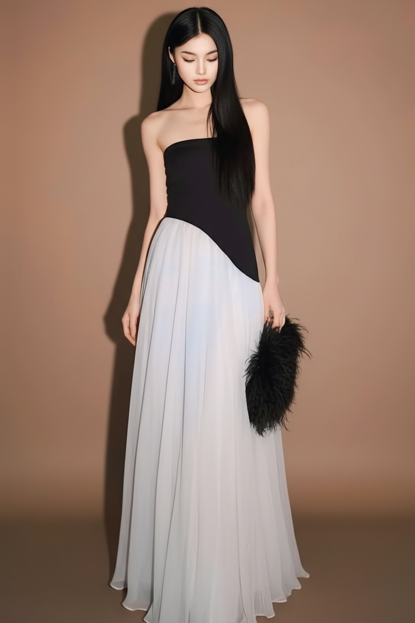 アシンメトリーチュールドッキングロングドレス［m143］