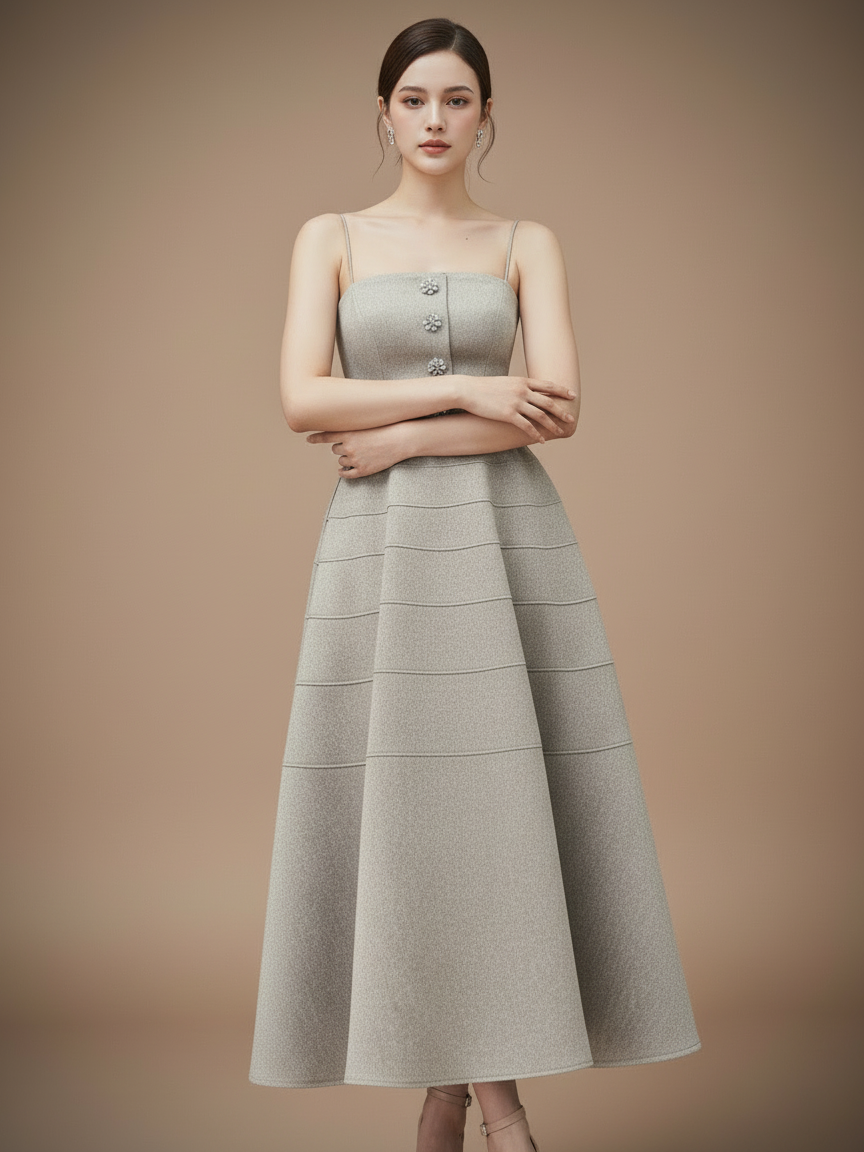 ビジューボタンストラップロングドレス［m113］