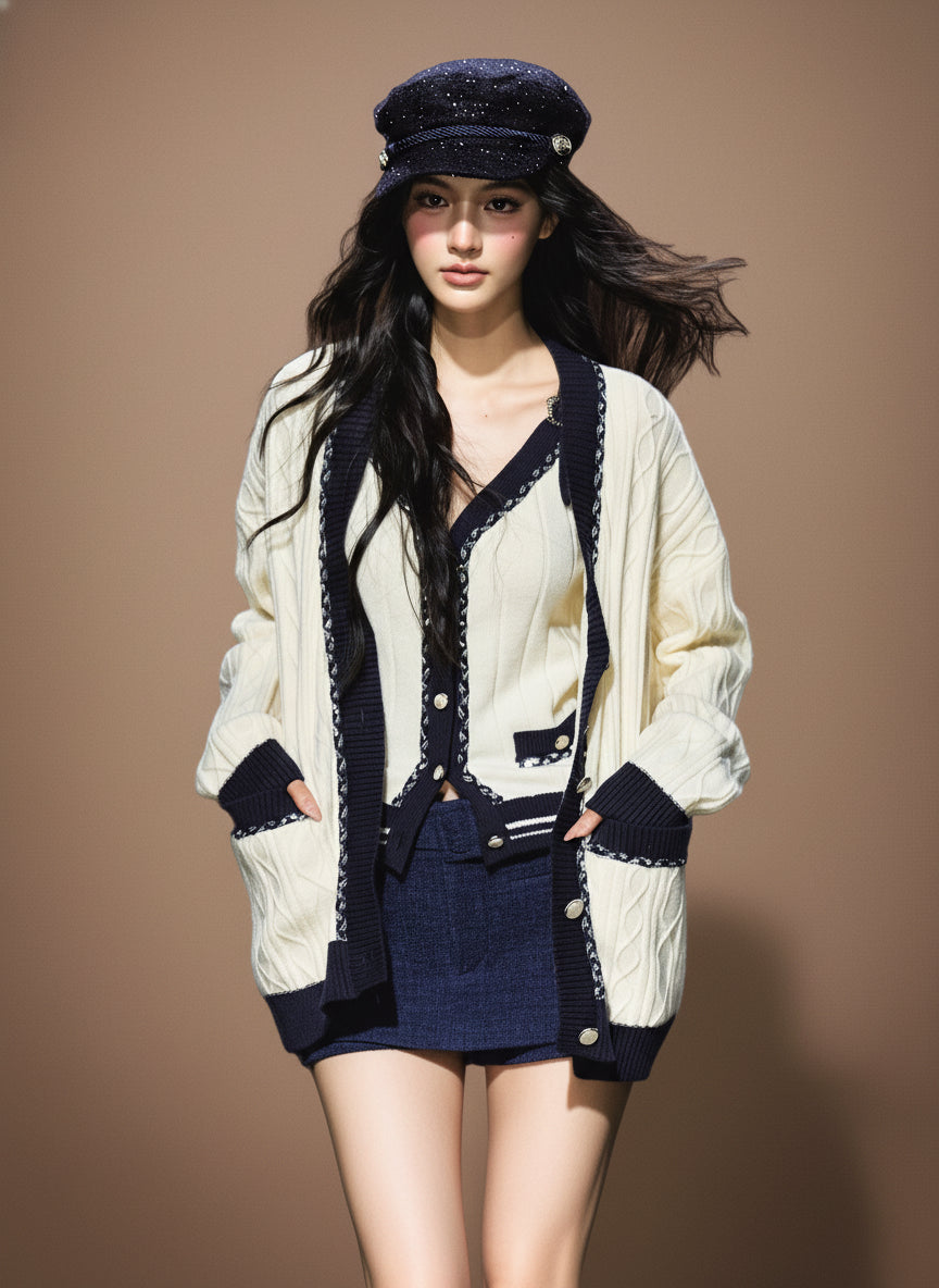 ツイードライク・バイカラーニットカーディガン[m206]