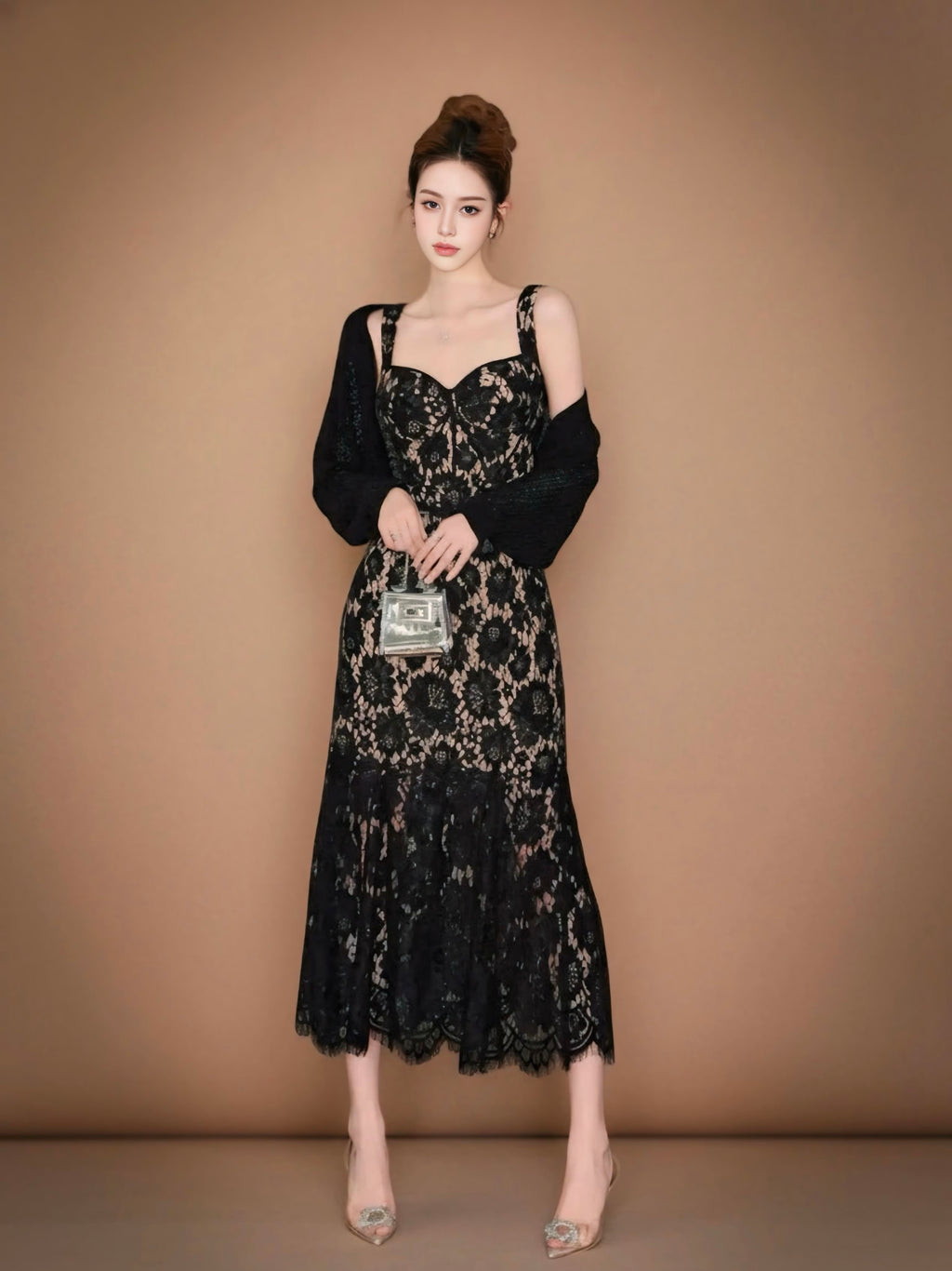 レースアップシアーブラックロングドレス［m199］