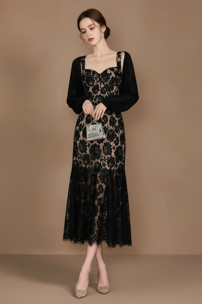 レースアップシアーブラックロングドレス［m199］