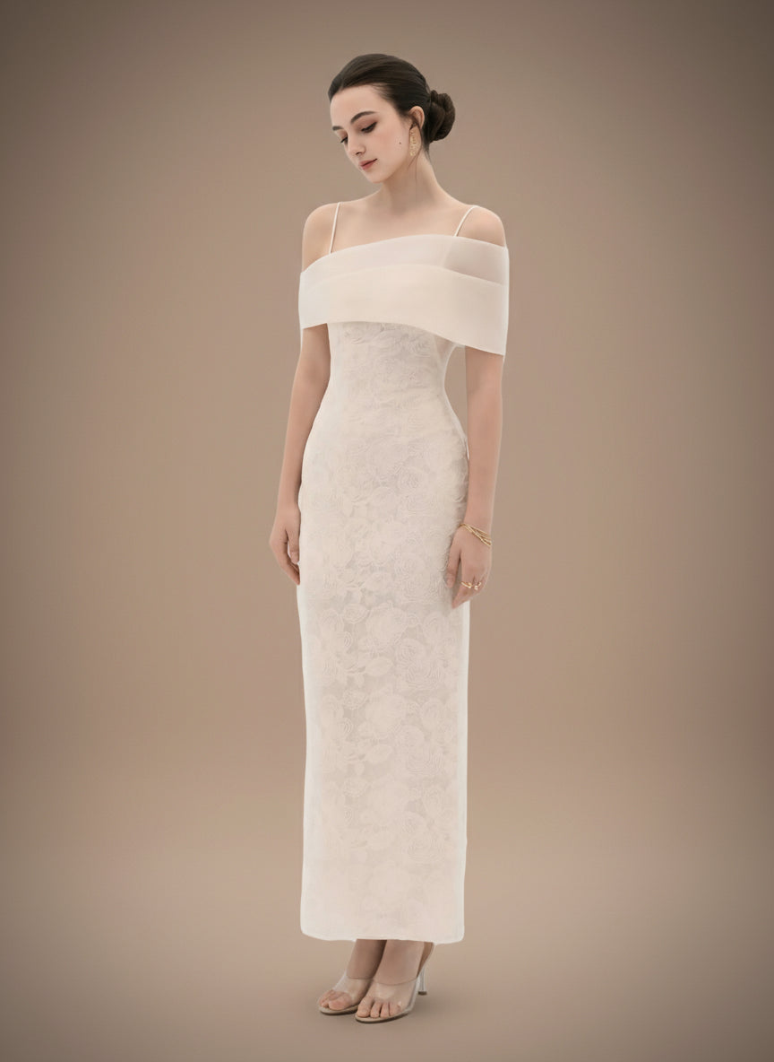 フレンチチュールショルダーレースロングドレス［m180］