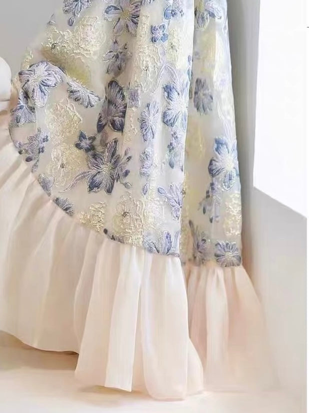 ブルーフラワージャガード・ラッフルヘムロングドレス[m270]