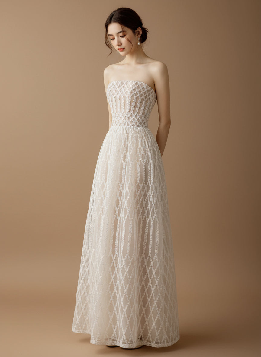 チュールレイヤードストラップレスロングドレス［m119］