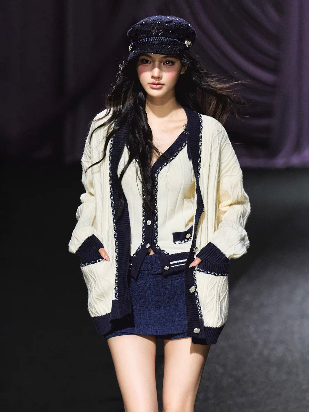 ツイードライク・バイカラーニットカーディガン[m206]