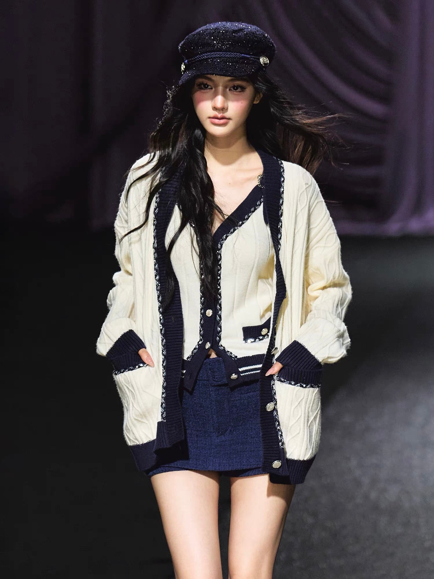 ツイードライク・バイカラーニットカーディガン[m206]