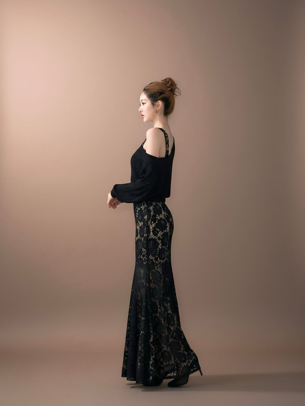 レースアップシアーブラックロングドレス［m199］